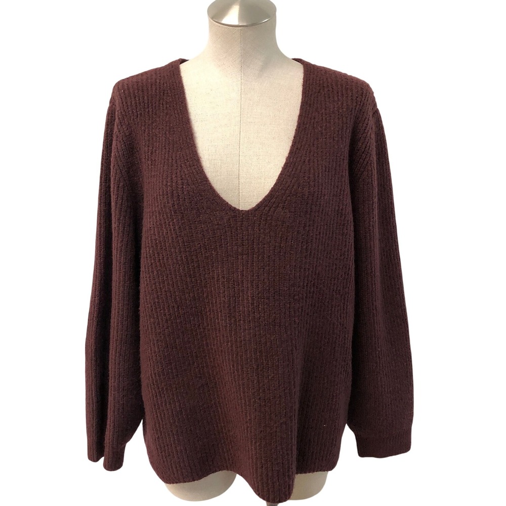 Halogen Sweater Womens Large Burgundy V-Neck Ribbed Knit HA436040MI
